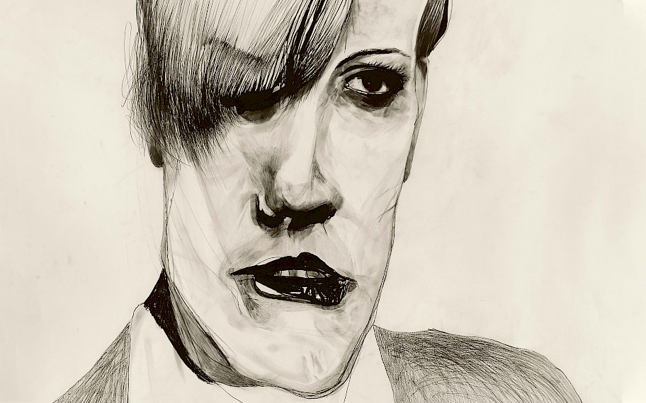 Image description: You can see a portrait of a young man drawn in pencil. The person is shown from chest height, has a narrow face, dark drawn lips and bangs falling over the right eye. The man is wearing a white shirt with a striped tie and a dark jacket. "P. de Max" is handwritten across the torso. Credit: Stéphane Mandelbaum, P. de Max, 1984 (detail), MUSEUM MMK FÜR MODERNE KUNST