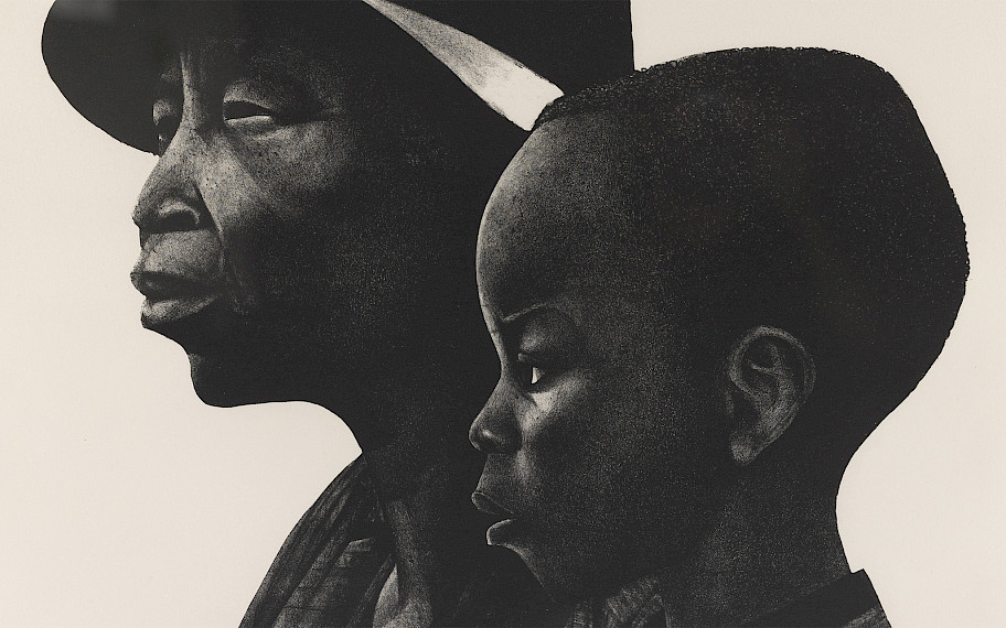 Image Description: The picture shows the side view of the head part of two people. In the background you can see an older woman wearing a hat and a scarf. In the foreground there is a boy. Credits: Elizabeth Catlett, Two Generations, 1979, courtesy of Dr. & Mrs. Walter O. Evans, © Elizabeth Catlett Family Trust / VG Bild-Kunst, Bonn 2023