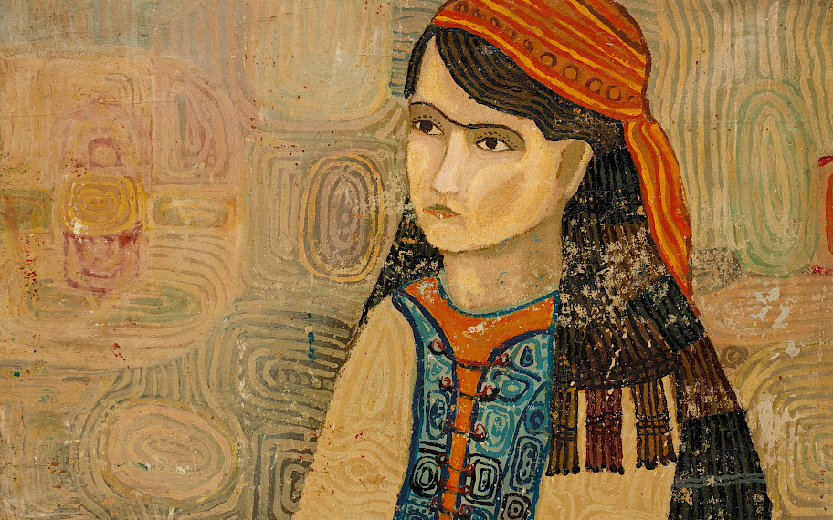 Image description: The painting depicts a girl with long brown hair wearing a red and yellow headscarf, facing left. The expression on the girl's face is neutral, while she wears traditional blue, orange, and beige clothing. Circular patterns are visible in the background. Credit: Rıza Topal, Untitled, 1964, photo: Axel Schneider